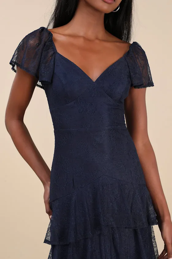 Graceful Darling Navy Lace Flutter Sleeve Tiered Midi Dress sold by Lulus product image thumbnail 4