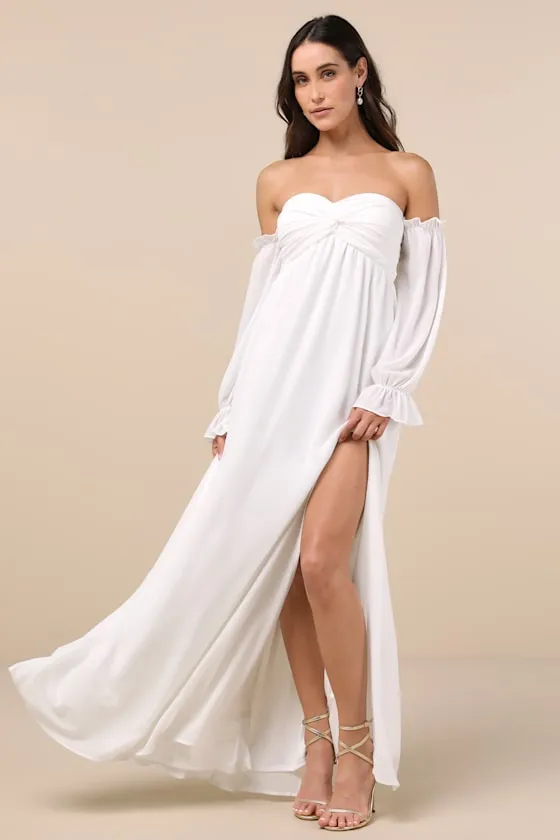 Glorious Invite White Knotted Off-the-Shoulder Maxi Dress sold by Lulus