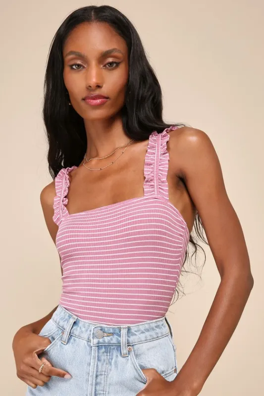 Sweetest Traits Dusty Rose Striped Ribbed Ruffled Bodysuit made by Lulus