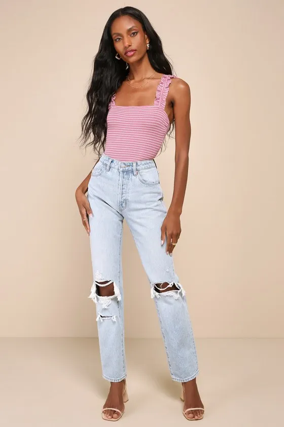 Sweetest Traits Dusty Rose Striped Ribbed Ruffled Bodysuit sold by Lulus product image thumbnail 2