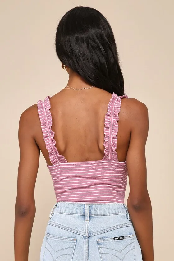 Sweetest Traits Dusty Rose Striped Ribbed Ruffled Bodysuit sold by Lulus product image thumbnail 3