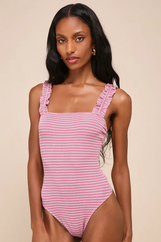 Sweetest Traits Dusty Rose Striped Ribbed Ruffled Bodysuit sold by Lulus product image thumbnail 4