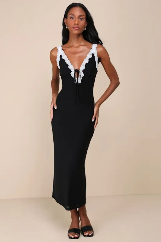 Ray of Charm Black Mesh Lace Sleeveless Midi Dress sold by Lulus
