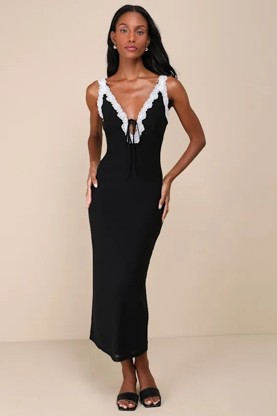 Ray of Charm Black Mesh Lace Sleeveless Midi Dress sold by Lulus