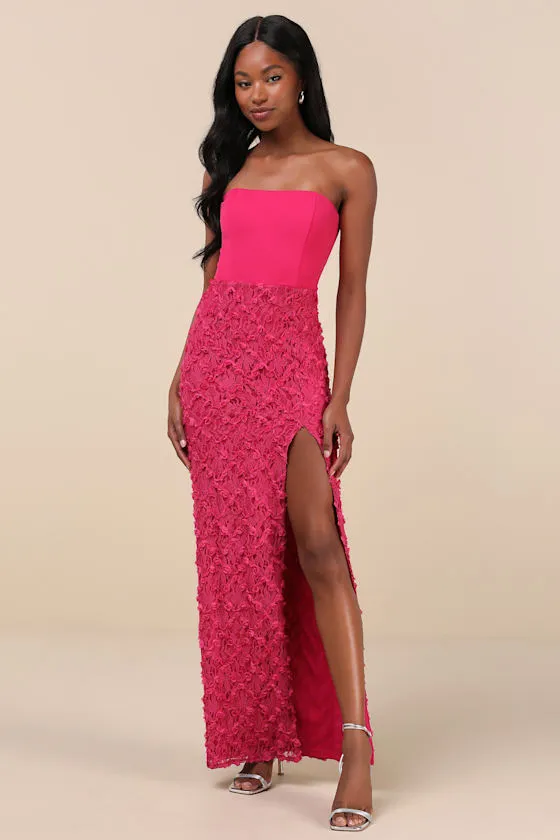 Ravishing Appeal Fuchsia 3D Floral Applique Strapless Maxi Dress sold by Lulus