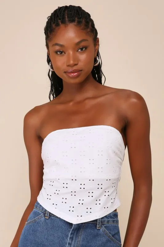 Darling Sunshine Ivory Eyelet Strapless Handkerchief Crop Top sold by Lulus