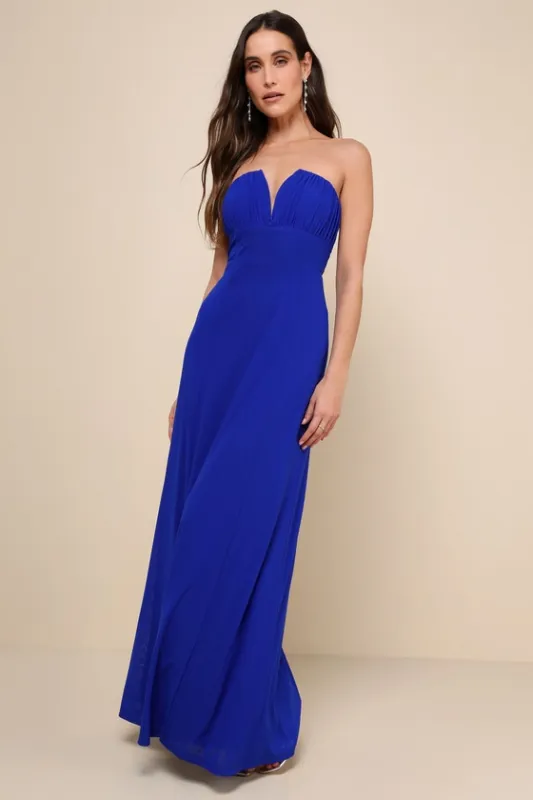 Momentous Charm Royal Blue Mesh Strapless Maxi Dress sold by Lulus