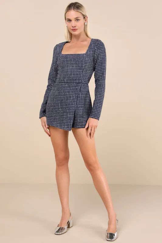 Cultivated Poise Navy Blue Tweed Romper made by Lulus