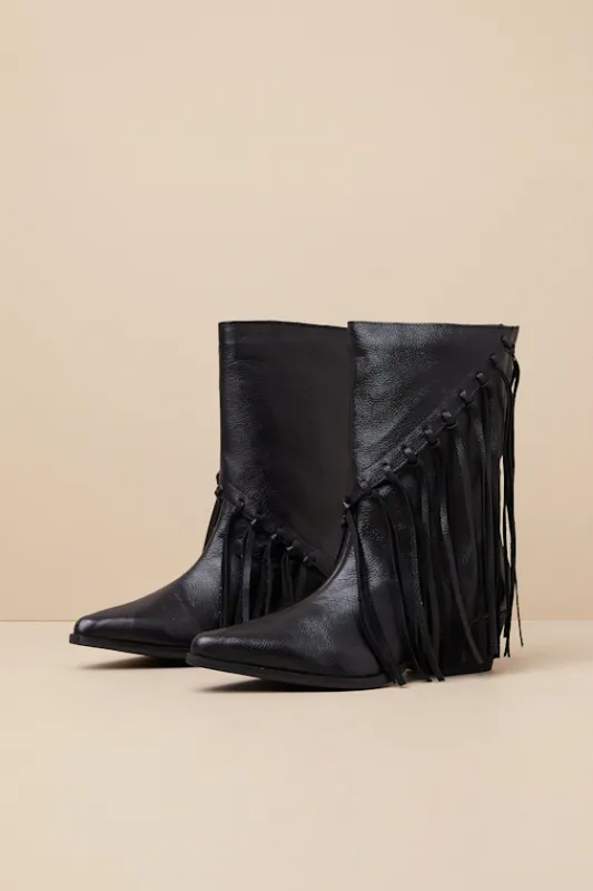 Buck Black Leather Fringe Mid-Calf Western Boots sold by Lulus