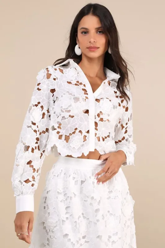 Ottis White Sheer Laser-Cut Floral Collared Long Sleeve Top sold by Lulus
