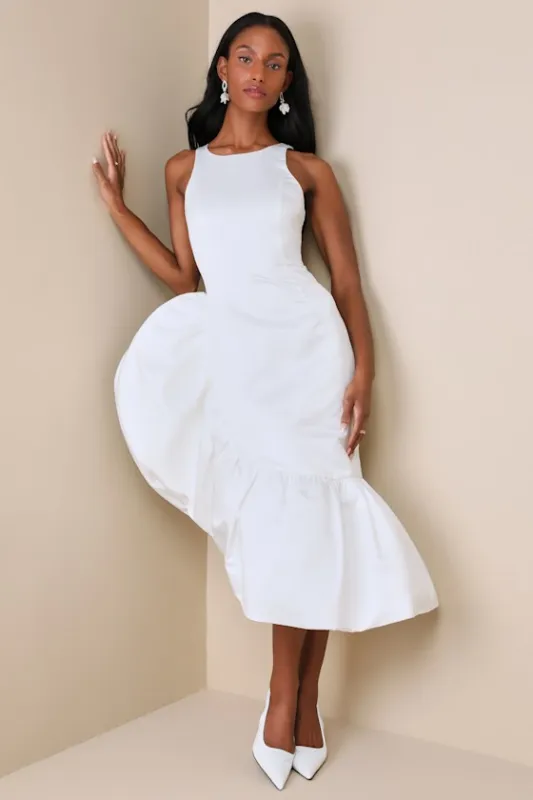 Magnificent Presence White Ruffled Asymmetrical Midi Dress sold by Lulus