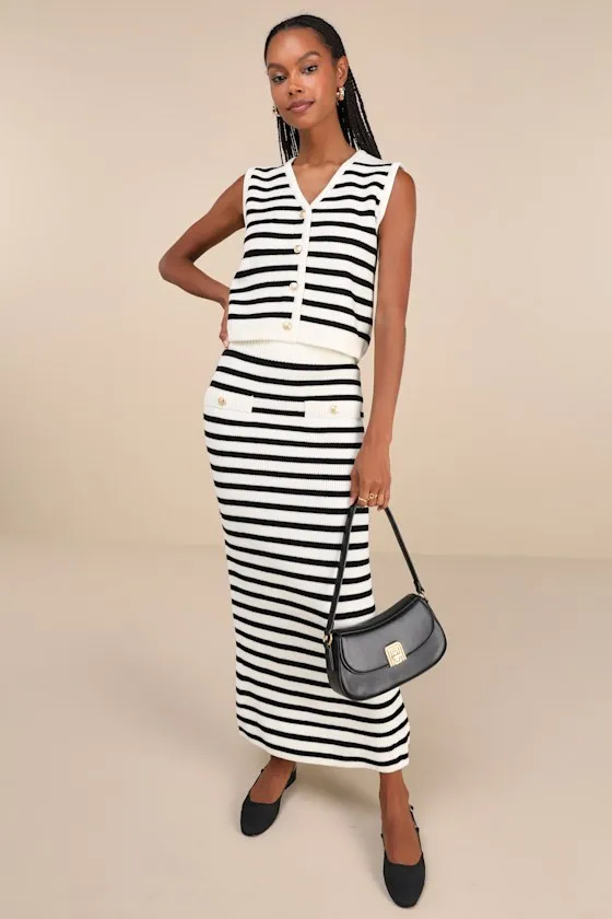 Exemplary Chicness Ivory Striped Sweater Knit Midi Skirt sold by Lulus