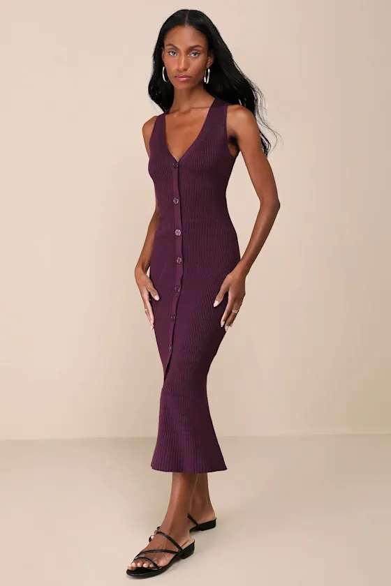 Posh Intent Purple Ribbed Button-Front Sweater Dress sold by Lulus product image thumbnail 4