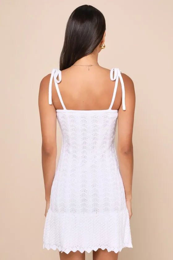 Sweetest Choice White Crochet Tie-Strap Tiered Mini Dress sold by Lulus product image thumbnail 3