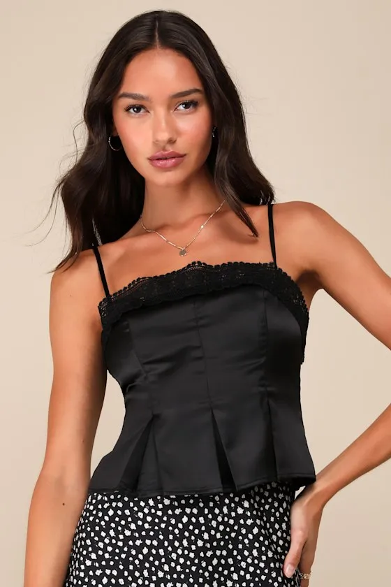 Chic Trend Black Satin Pleated Cropped Lace Cami Top sold by Lulus
