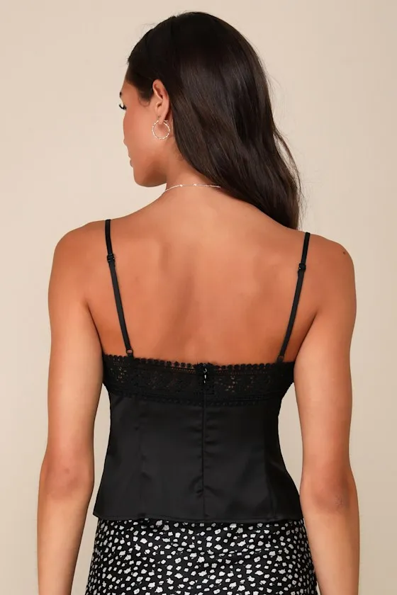Chic Trend Black Satin Pleated Cropped Lace Cami Top sold by Lulus product image thumbnail 2