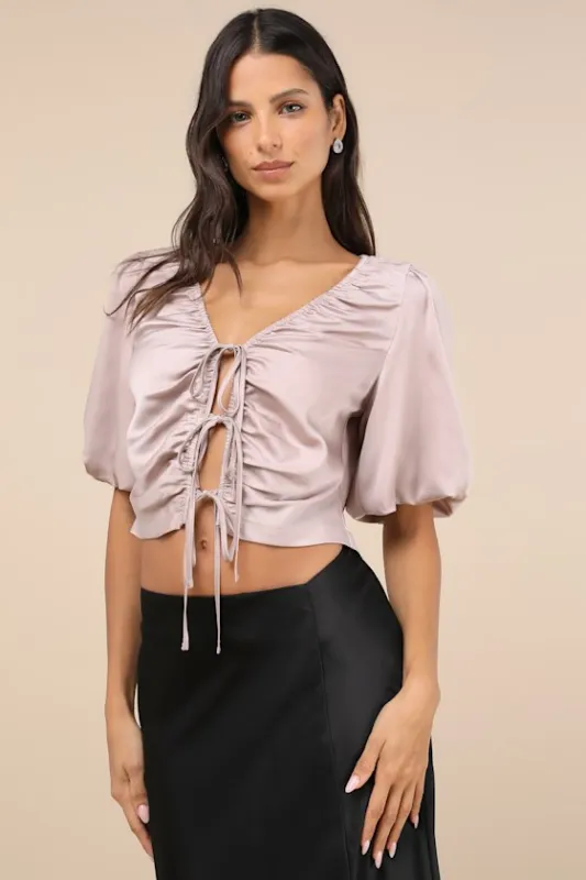 Romantic Snapshot Mauve Satin Puff Sleeve Tie-Front Top sold by Lulus