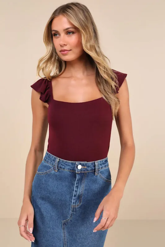 Lovely Status Burgundy Ribbed Flutter Sleeve Tie-Back Bodysuit sold by Lulus