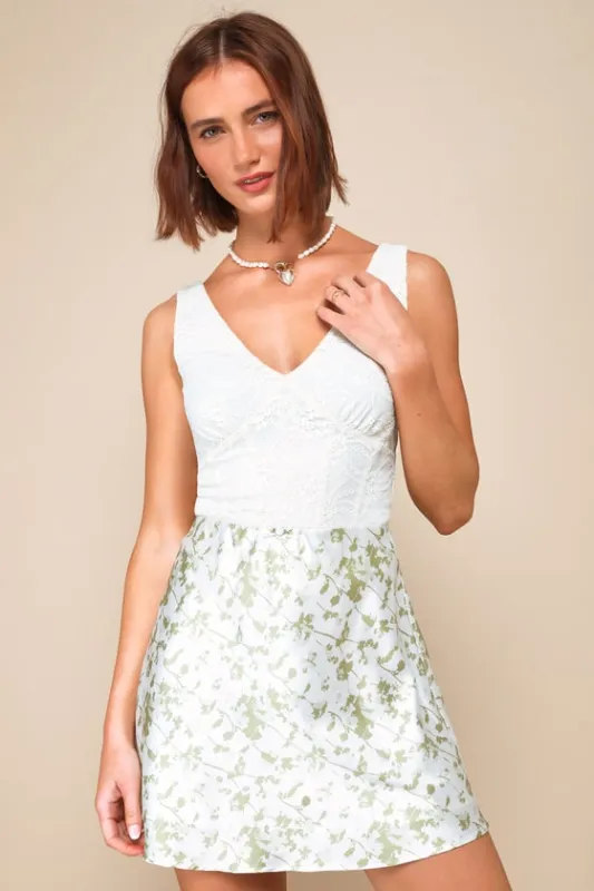 True Cutie Ivory and Green Floral Print Satin Mini Skirt sold by Lulus