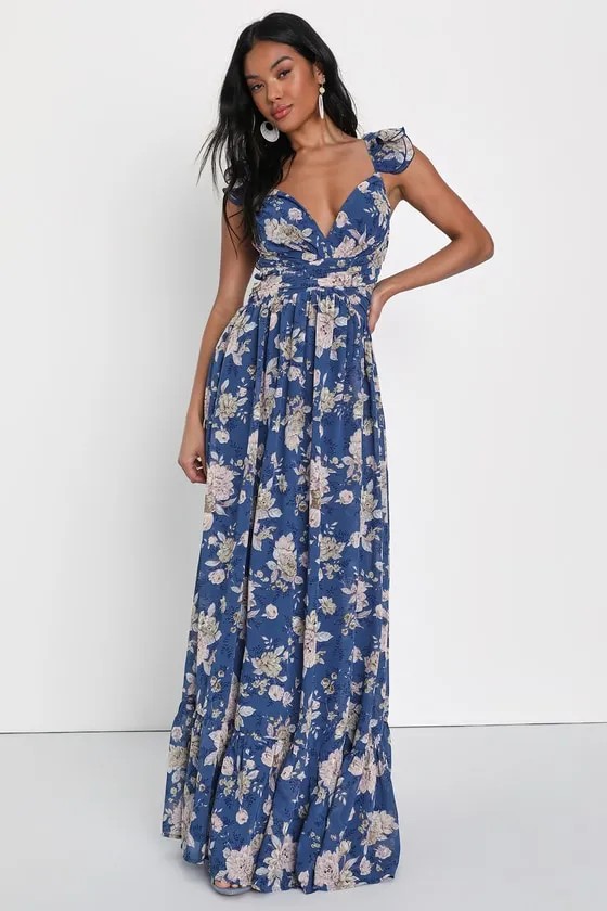 Soiree Celebration Blue Floral Ruffled Lace-Up Maxi Dress sold by Lulus