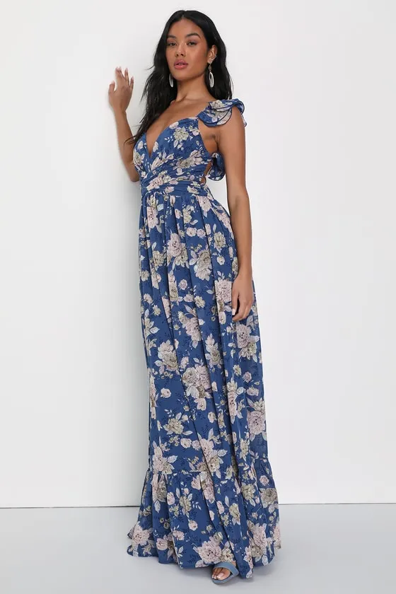 Soiree Celebration Blue Floral Ruffled Lace-Up Maxi Dress sold by Lulus product image thumbnail 4