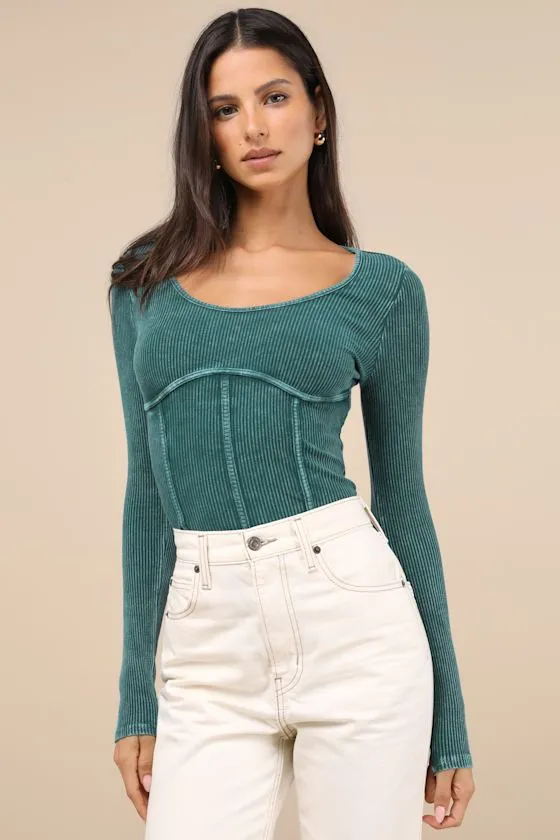 Endless Cuteness Washed Teal Ribbed Seamed Long Sleeve Top sold by Lulus