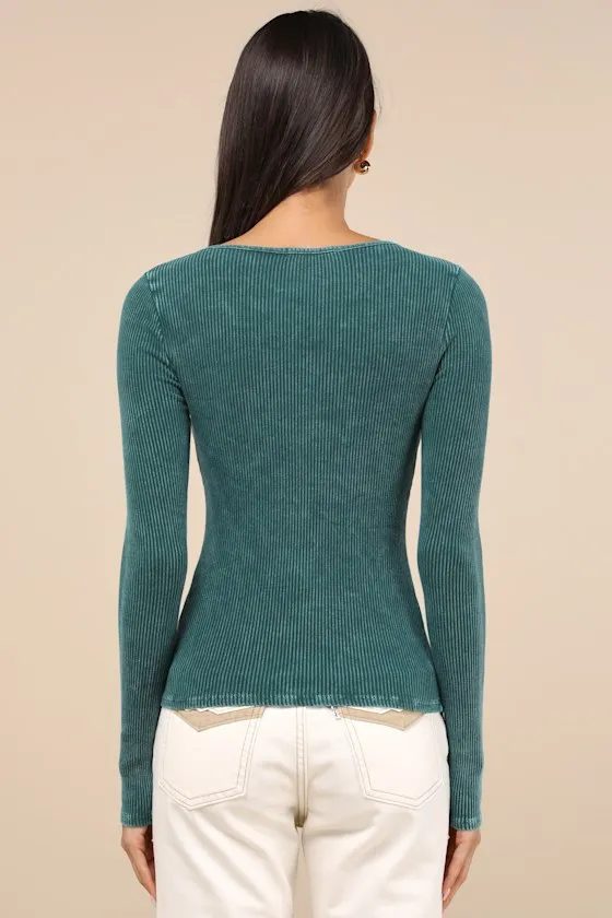 Endless Cuteness Washed Teal Ribbed Seamed Long Sleeve Top sold by Lulus product image thumbnail 2