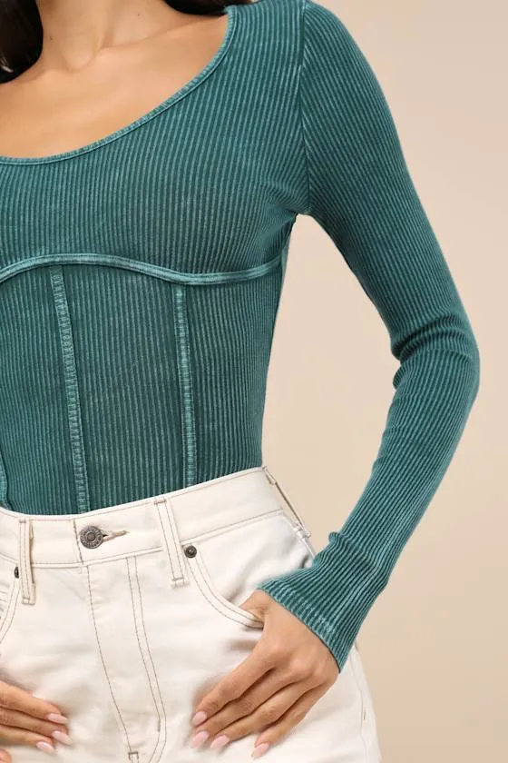 Endless Cuteness Washed Teal Ribbed Seamed Long Sleeve Top sold by Lulus product image thumbnail 4