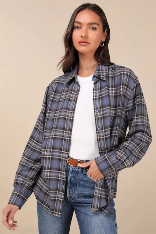 Seasonal Concept Blue Plaid Flannel Button-Up Top sold by Lulus