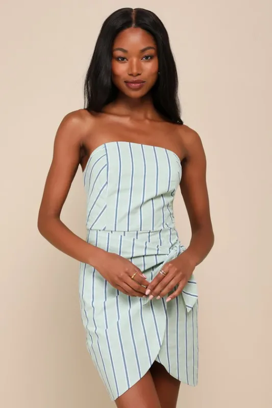 Cute Finesse Sage Striped Cotton Strapless Tie-Front Mini Dress sold by Lulus