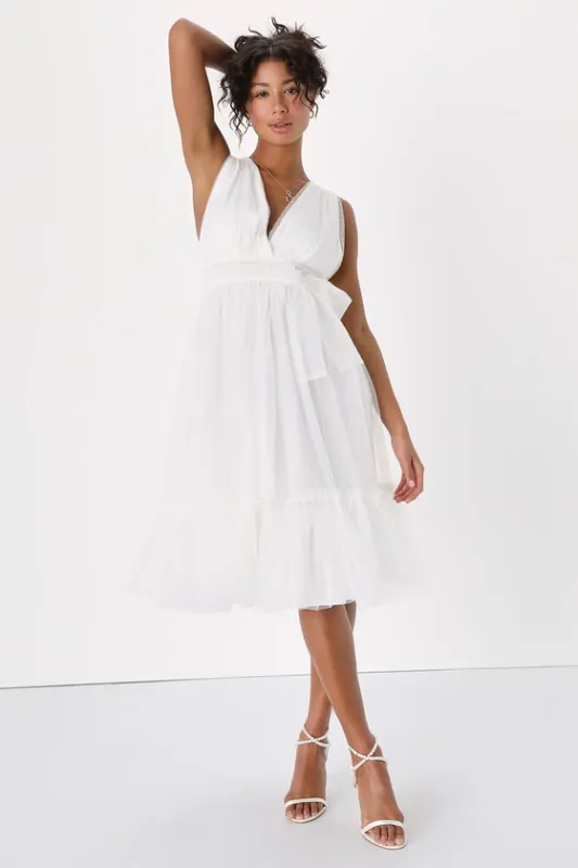 Utmost Elegance White Swiss Dot Sleeveless Tiered Midi Dress sold by Lulus