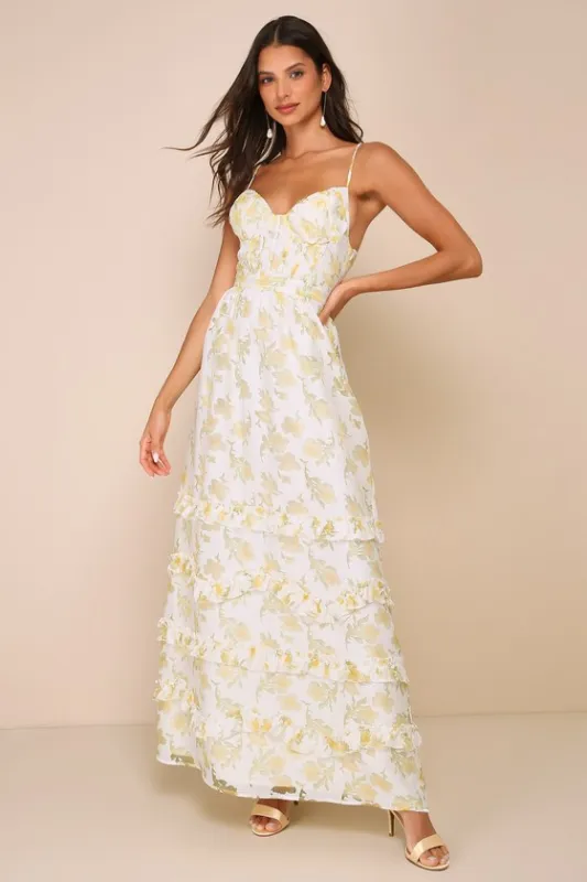 Gorgeous Occasion Cream Floral Burnout Lace-Up Tiered Maxi Dress sold by Lulus