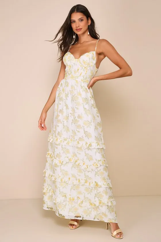 Gorgeous Occasion Cream Floral Burnout Lace-Up Tiered Maxi Dress sold by Lulus