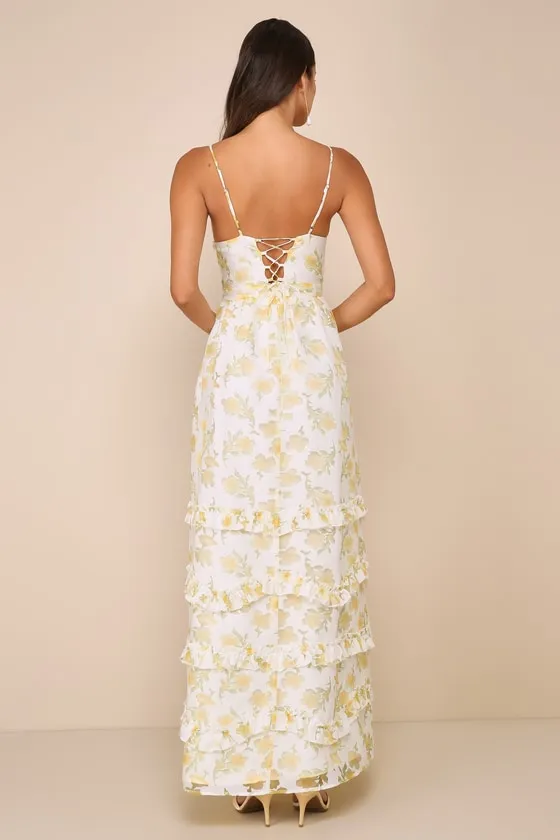 Gorgeous Occasion Cream Floral Burnout Lace-Up Tiered Maxi Dress sold by Lulus product image thumbnail 2