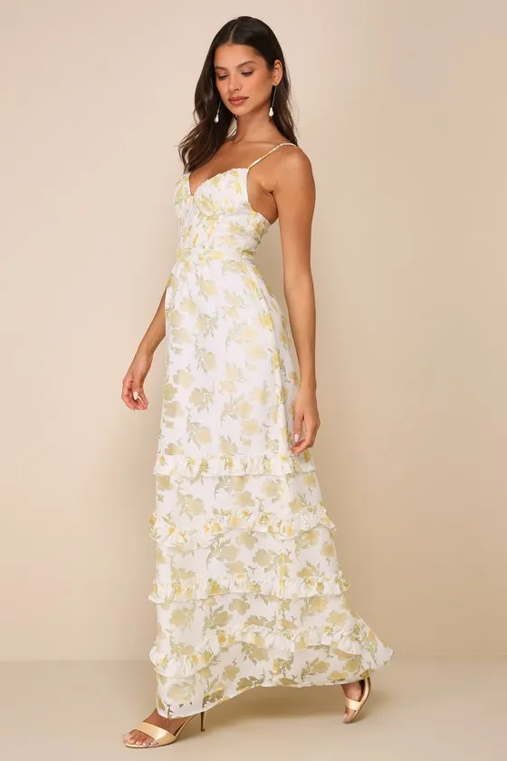 Gorgeous Occasion Cream Floral Burnout Lace-Up Tiered Maxi Dress sold by Lulus product image thumbnail 3