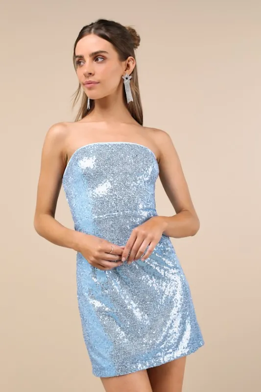 Unstoppable Glow Light Blue Sequin Strapless Mini Dress sold by Lulus