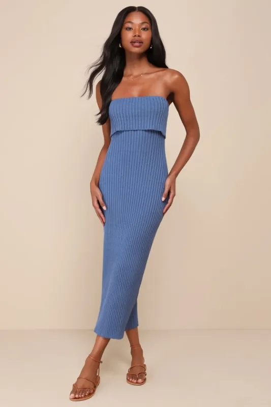 Easily Irresistible Dark Blue Ribbed Strapless Sweater Dress sold by Lulus