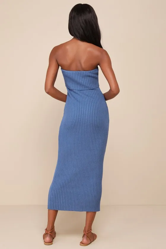 Easily Irresistible Dark Blue Ribbed Strapless Sweater Dress sold by Lulus product image thumbnail 2