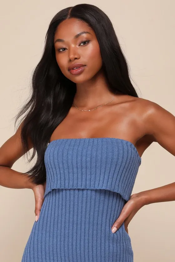 Easily Irresistible Dark Blue Ribbed Strapless Sweater Dress sold by Lulus product image thumbnail 3