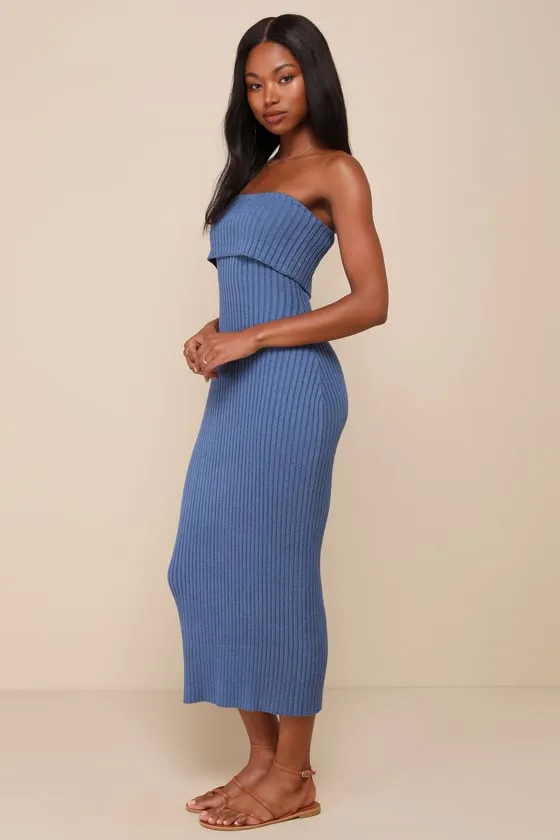 Easily Irresistible Dark Blue Ribbed Strapless Sweater Dress sold by Lulus product image thumbnail 4