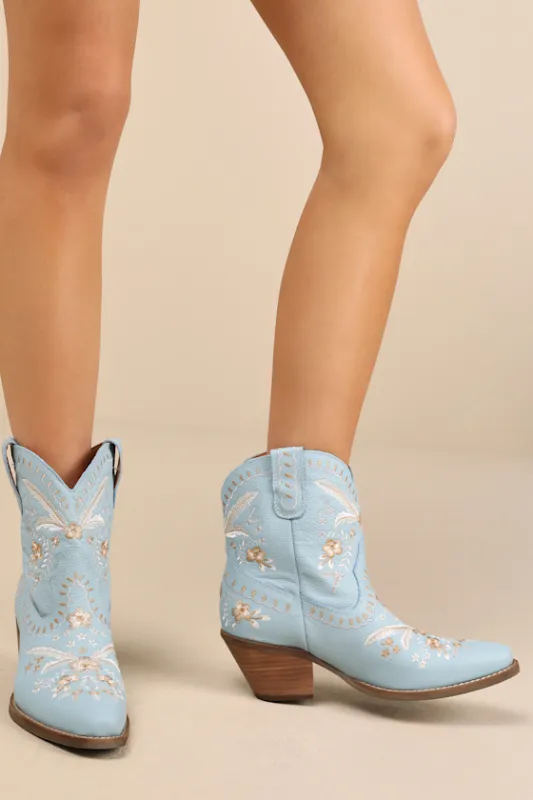 Primrose Blue Multi Embroidered Ankle-High Western Booties sold by Lulus