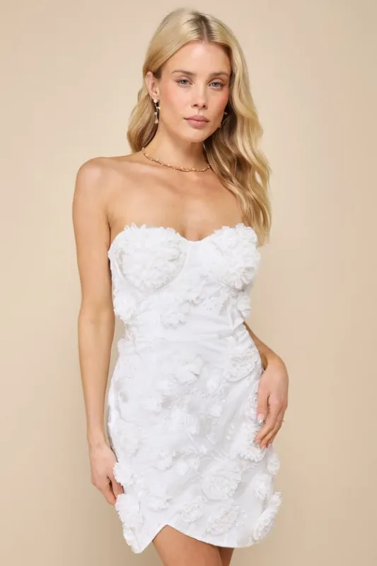 Blossoming Drama Ivory 3D Floral Strapless Bustier Mini Dress sold by Lulus
