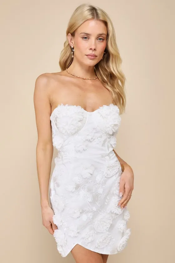 Blossoming Drama Ivory 3D Floral Strapless Bustier Mini Dress sold by Lulus