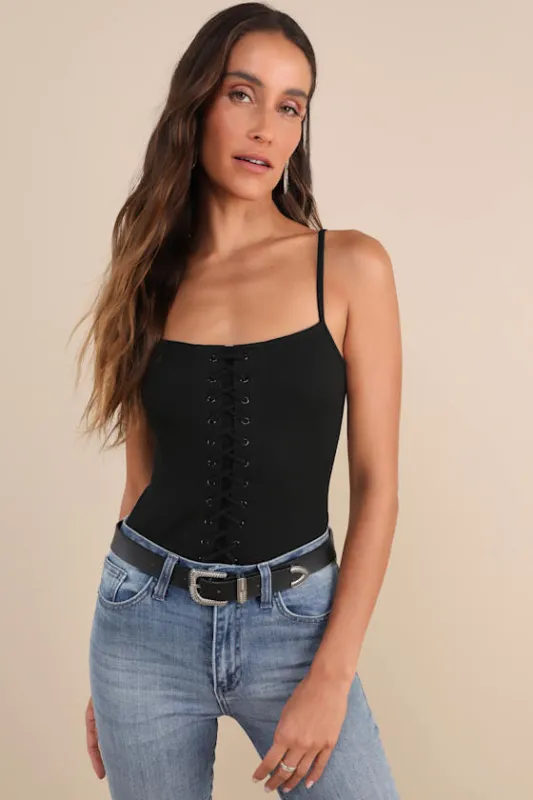 Refreshing Update Black Ribbed Lace-Up Sleeveless Bodysuit sold by Lulus