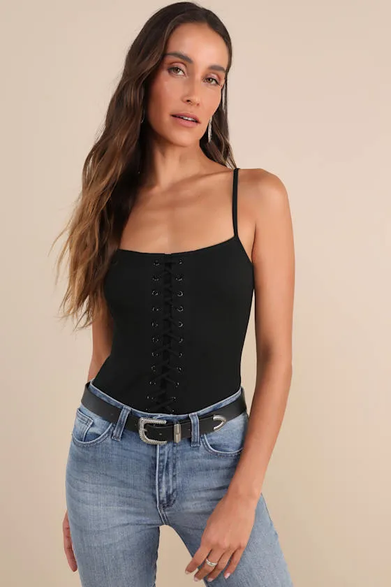 Refreshing Update Black Ribbed Lace-Up Sleeveless Bodysuit sold by Lulus