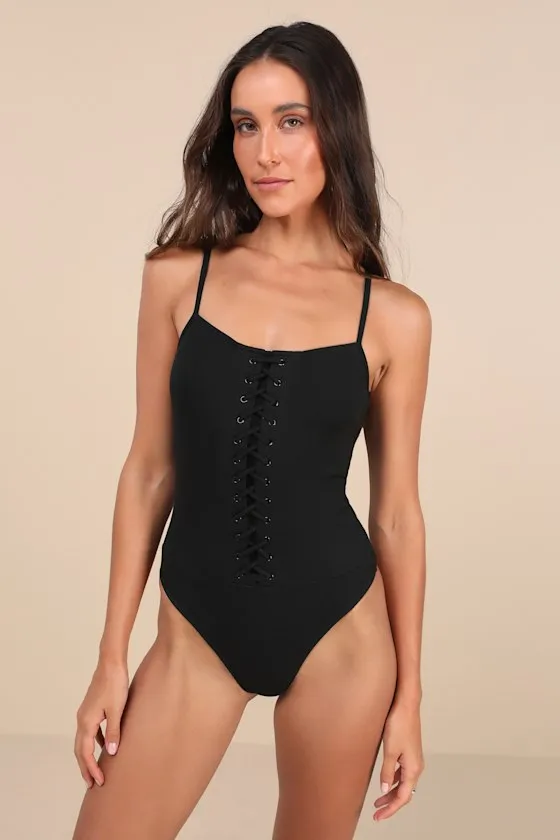 Refreshing Update Black Ribbed Lace-Up Sleeveless Bodysuit sold by Lulus product image thumbnail 4