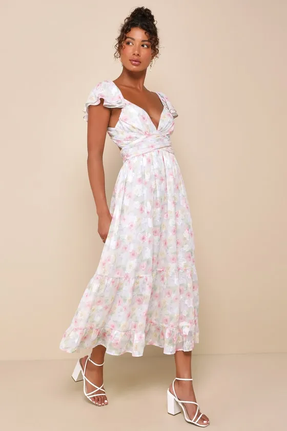 Adorable Reverie Multi Floral Lace-Up Backless Midi Dress sold by Lulus