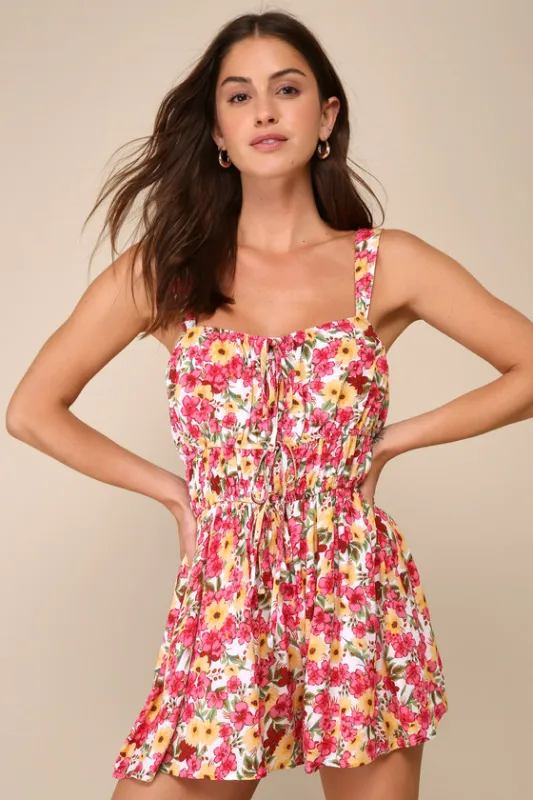 Lively Charm White Multi Floral Print Sleeveless Romper sold by Lulus