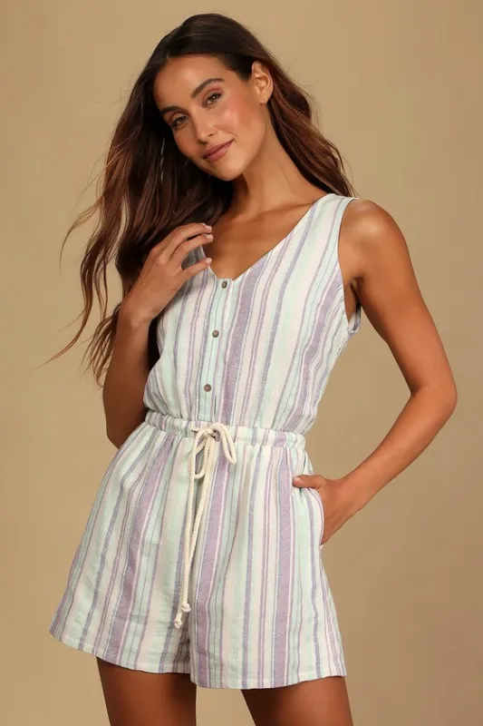 Forever Adventure Lilac Multi Striped Drawstring Romper sold by Lulus