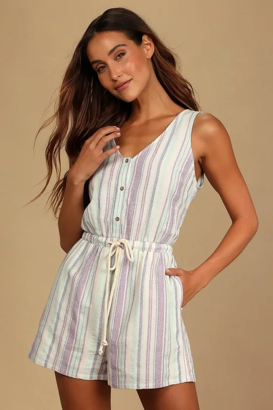 Forever Adventure Lilac Multi Striped Drawstring Romper sold by Lulus